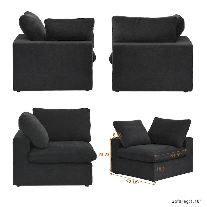 Divano sezionale modulare a U in lino grigio / nero / bianco con pouf, 6 posti a sedere