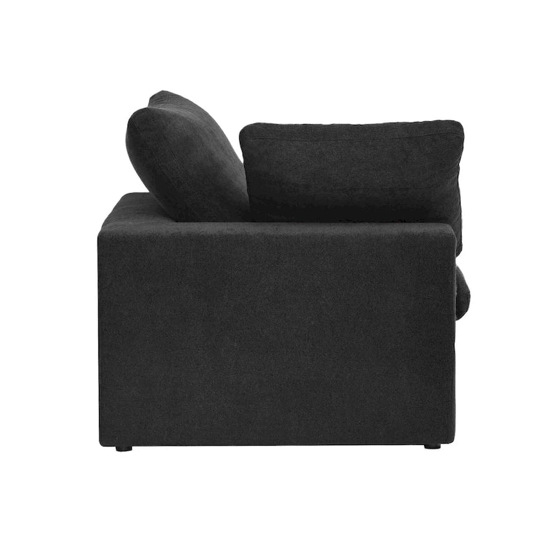 Divano sezionale modulare a U in lino grigio / nero / bianco con pouf, 6 posti a sedere