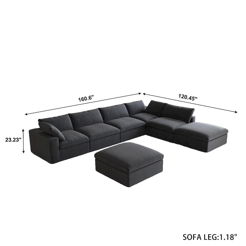 Divano sezionale modulare a U in lino grigio / nero / bianco con pouf, 6 posti a sedere