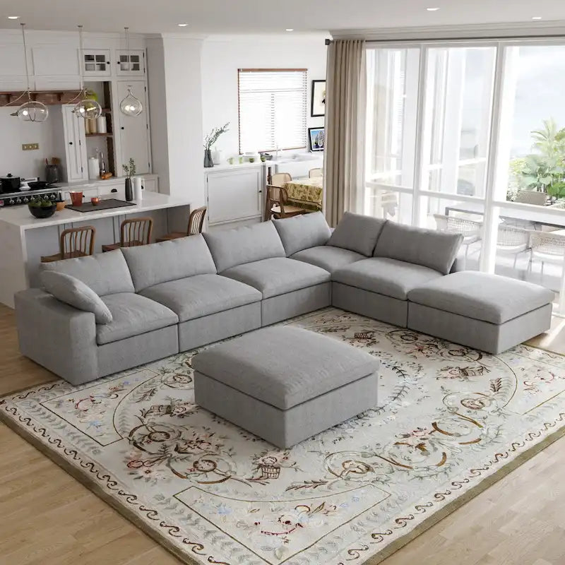 Divano sezionale modulare a U in lino grigio / nero / bianco con pouf, 6 posti a sedere