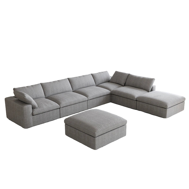 Divano sezionale modulare a U in lino grigio / nero / bianco con pouf, 6 posti a sedere