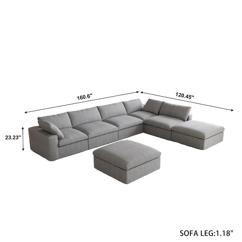 Divano sezionale modulare a U in lino grigio / nero / bianco con pouf, 6 posti a sedere