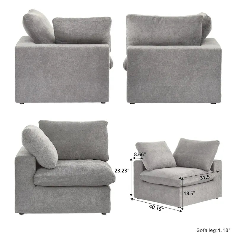 Divano sezionale modulare a U in lino grigio / nero / bianco con pouf, 6 posti a sedere