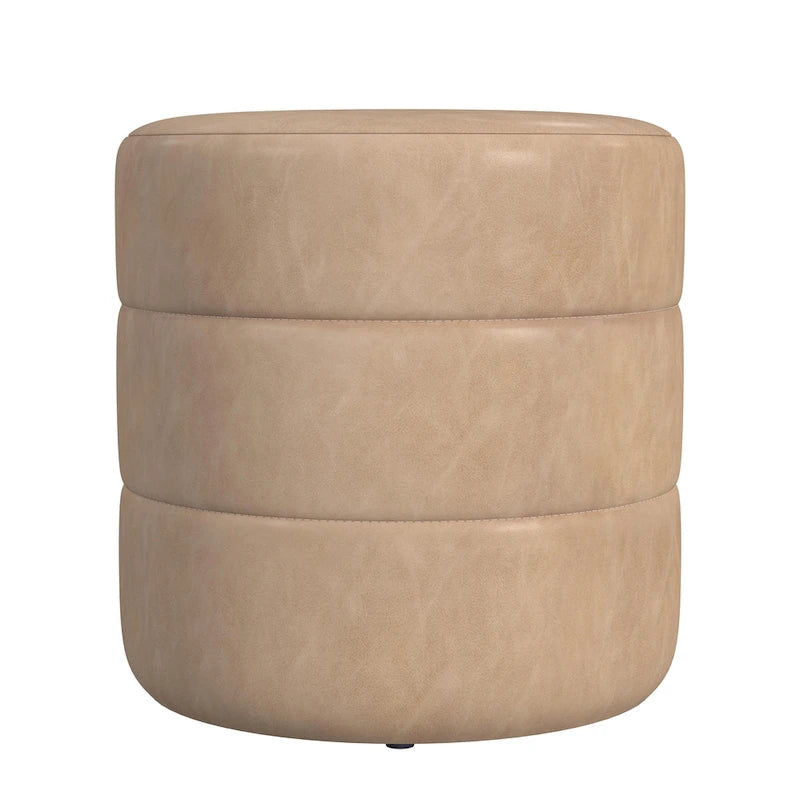 Poggiapiedi rotondo con canali in ecopelle color caramello e bouclé bianco crema – Posto singolo