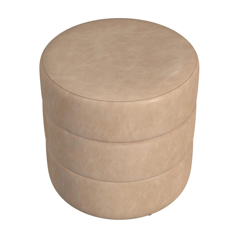 Poggiapiedi rotondo con canali in ecopelle color caramello e bouclé bianco crema – Posto singolo