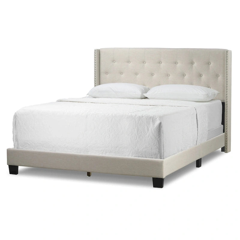 Asali Beige Fabric Bed with Button Tufting and Nail Headed Wings