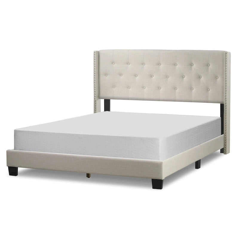 Letto imbottito in tessuto beige – Trapuntatura a bottoni e ali con borchie – Twin / Queen / King