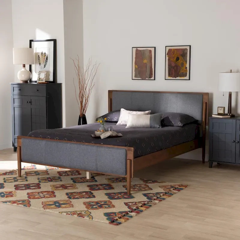 Letto a piattaforma Mid-Century in Noce Cenere e Grigio | Queen/King | Posti letto 1–2