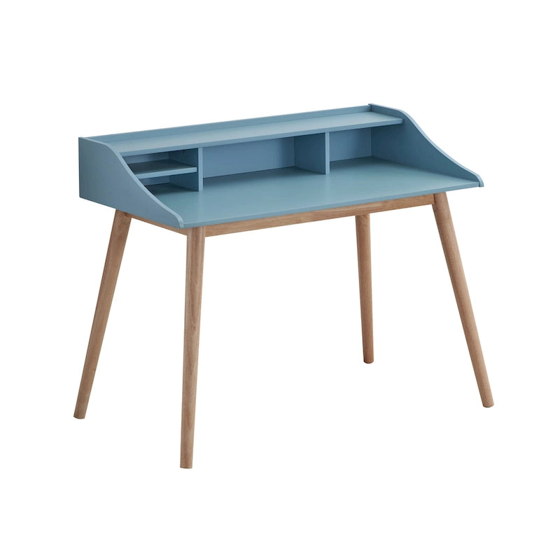 Scrivania blu rettangolare stile Mid-Century con alzatina, monoposto