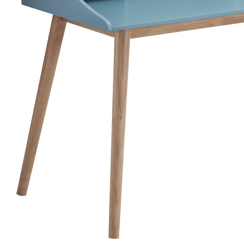 Scrivania blu rettangolare stile Mid-Century con alzatina, monoposto