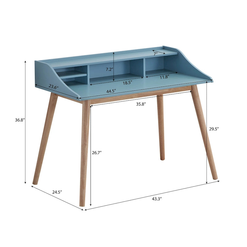 Scrivania blu rettangolare stile Mid-Century con alzatina, monoposto