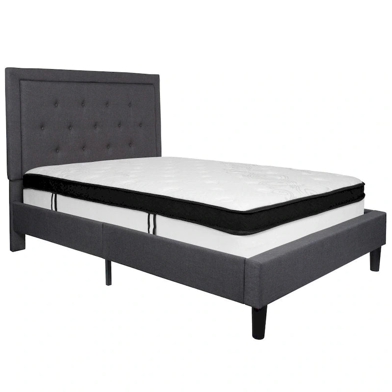 Letto e Materasso Imbottiti con Bottoni, Grigio Scuro / Beige / Grigio Chiaro / Nero, da una Piazza e Mezza a Matrimoniale, 1-2 Persone