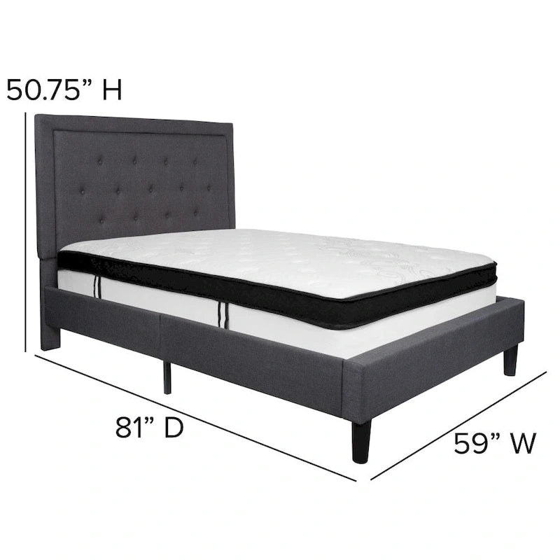 Letto e Materasso Imbottiti con Bottoni, Grigio Scuro / Beige / Grigio Chiaro / Nero, da una Piazza e Mezza a Matrimoniale, 1-2 Persone