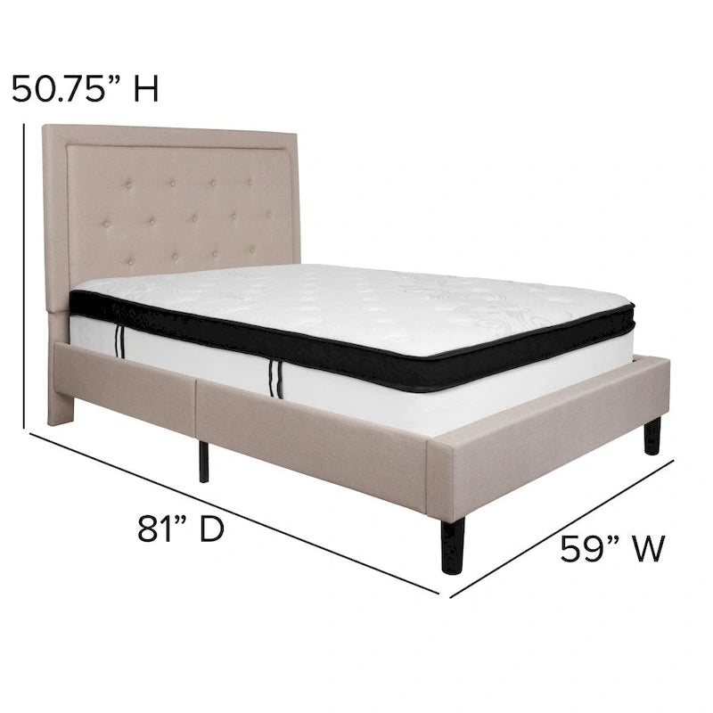 Letto e Materasso Imbottiti con Bottoni, Grigio Scuro / Beige / Grigio Chiaro / Nero, da una Piazza e Mezza a Matrimoniale, 1-2 Persone