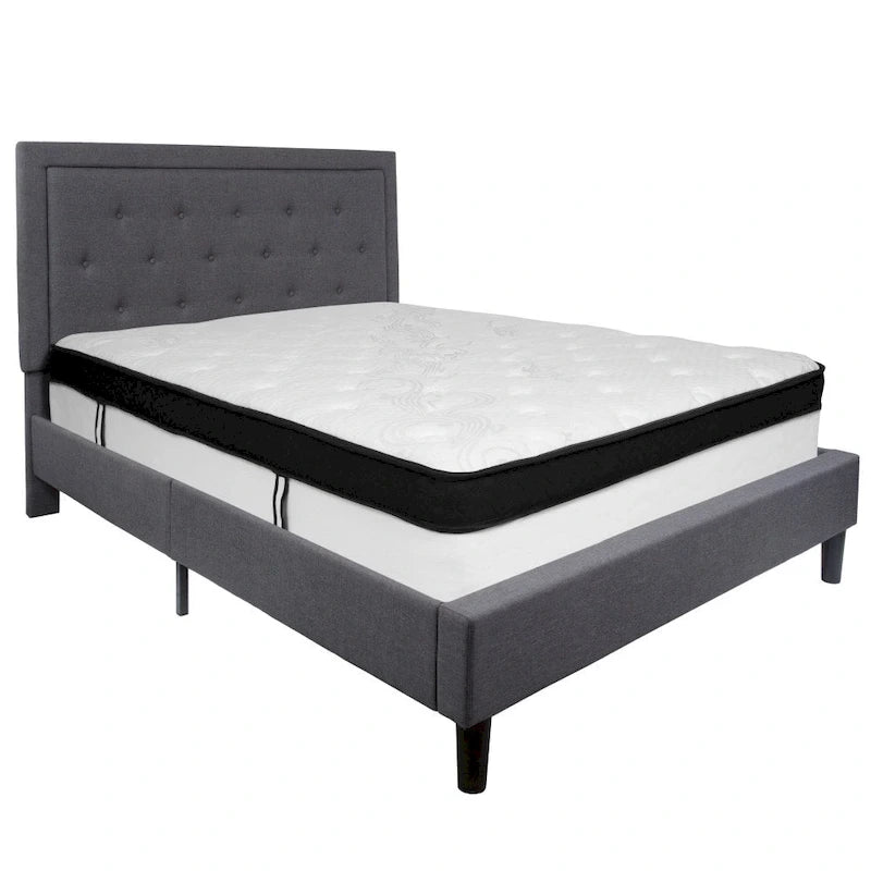 Letto e Materasso Imbottiti con Bottoni, Grigio Scuro / Beige / Grigio Chiaro / Nero, da una Piazza e Mezza a Matrimoniale, 1-2 Persone
