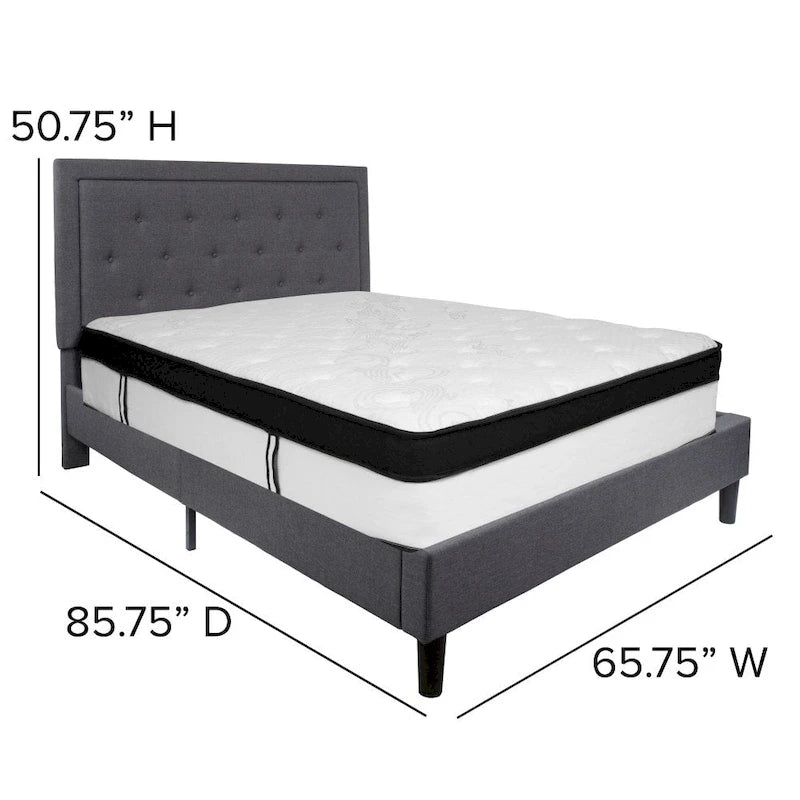 Letto e Materasso Imbottiti con Bottoni, Grigio Scuro / Beige / Grigio Chiaro / Nero, da una Piazza e Mezza a Matrimoniale, 1-2 Persone