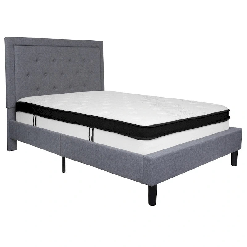 Letto e Materasso Imbottiti con Bottoni, Grigio Scuro / Beige / Grigio Chiaro / Nero, da una Piazza e Mezza a Matrimoniale, 1-2 Persone