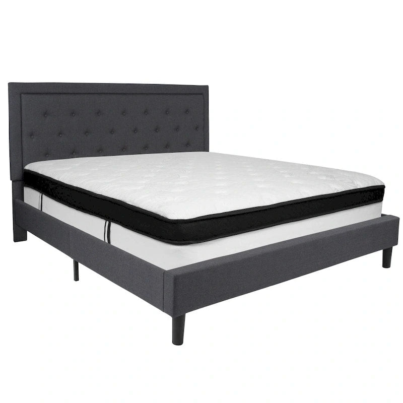 Letto e Materasso Imbottiti con Bottoni, Grigio Scuro / Beige / Grigio Chiaro / Nero, da una Piazza e Mezza a Matrimoniale, 1-2 Persone