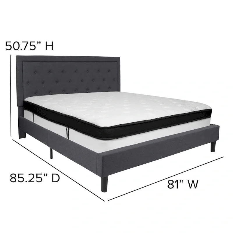 Letto e Materasso Imbottiti con Bottoni, Grigio Scuro / Beige / Grigio Chiaro / Nero, da una Piazza e Mezza a Matrimoniale, 1-2 Persone