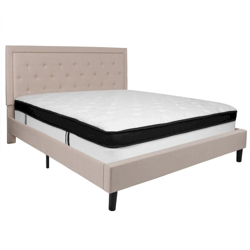 Letto e Materasso Imbottiti con Bottoni, Grigio Scuro / Beige / Grigio Chiaro / Nero, da una Piazza e Mezza a Matrimoniale, 1-2 Persone