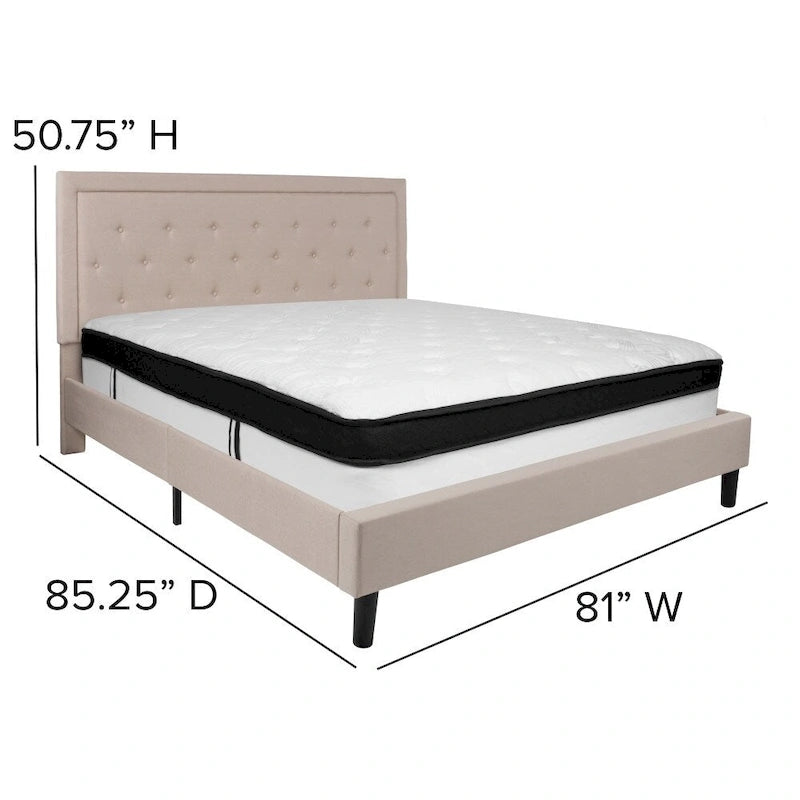 Letto e Materasso Imbottiti con Bottoni, Grigio Scuro / Beige / Grigio Chiaro / Nero, da una Piazza e Mezza a Matrimoniale, 1-2 Persone