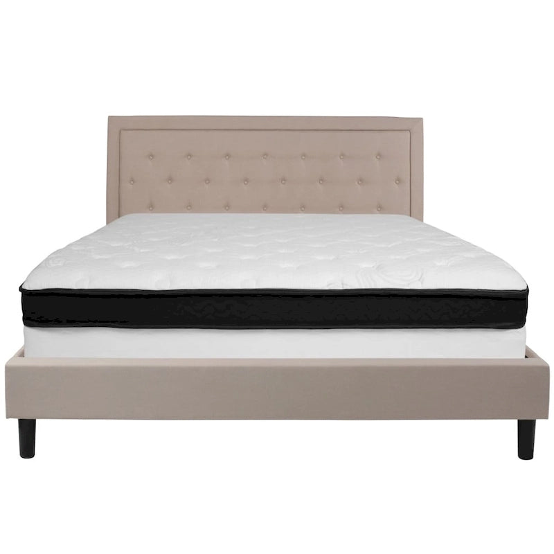 Letto e Materasso Imbottiti con Bottoni, Grigio Scuro / Beige / Grigio Chiaro / Nero, da una Piazza e Mezza a Matrimoniale, 1-2 Persone