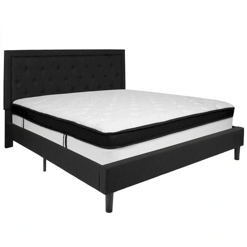 Letto e Materasso Imbottiti con Bottoni, Grigio Scuro / Beige / Grigio Chiaro / Nero, da una Piazza e Mezza a Matrimoniale, 1-2 Persone
