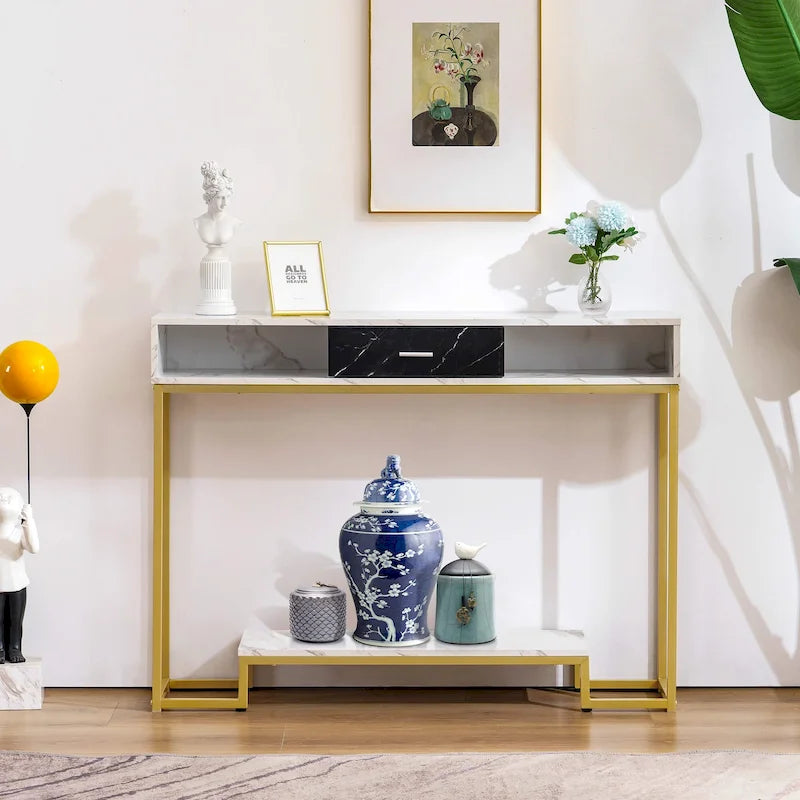 Console in oro con piano in legno – 1 cassetto e ripiano aperto, senza sedute / Stile monoposto