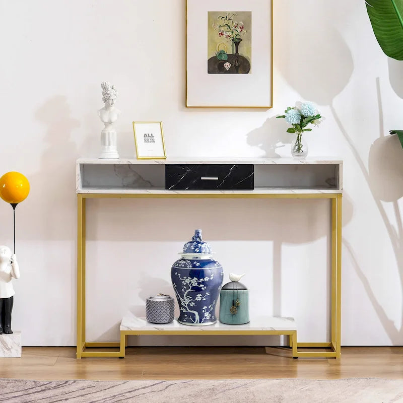 Console in oro con piano in legno – 1 cassetto e ripiano aperto, senza sedute / Stile monoposto