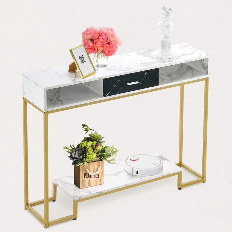Console in oro con piano in legno – 1 cassetto e ripiano aperto, senza sedute / Stile monoposto