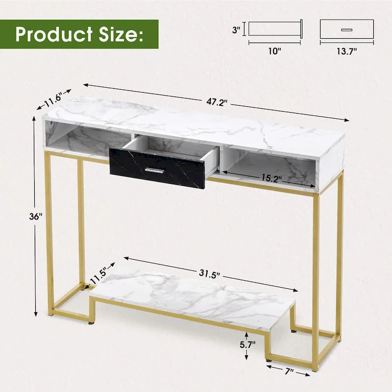 Console in oro con piano in legno – 1 cassetto e ripiano aperto, senza sedute / Stile monoposto