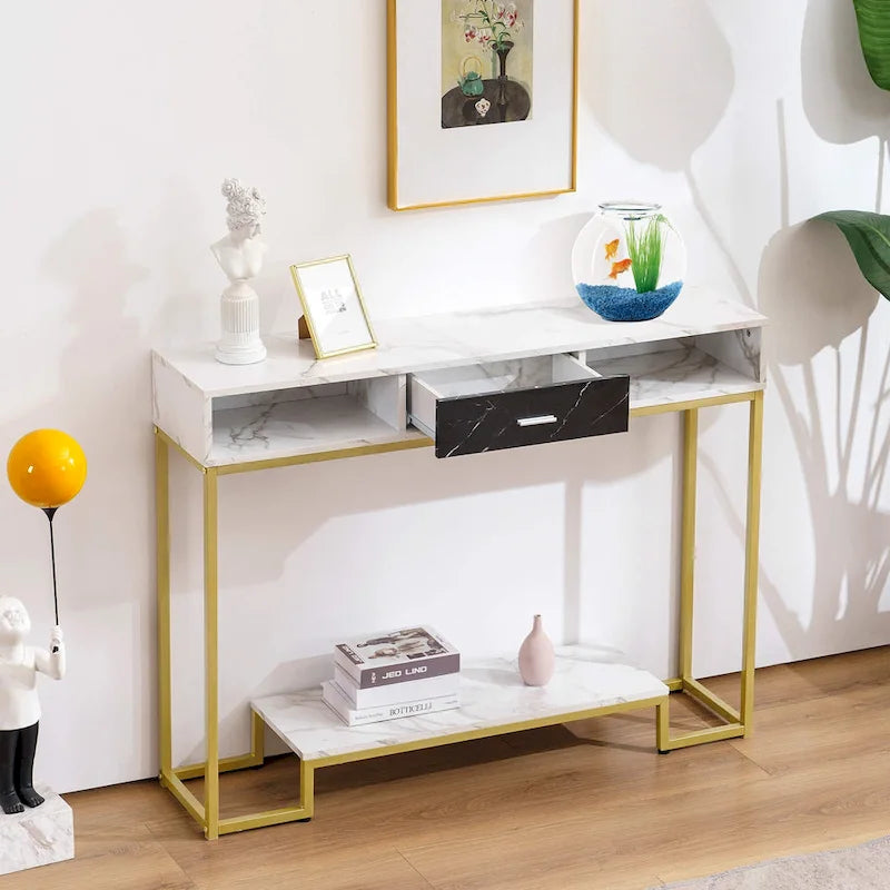 Console in oro con piano in legno – 1 cassetto e ripiano aperto, senza sedute / Stile monoposto