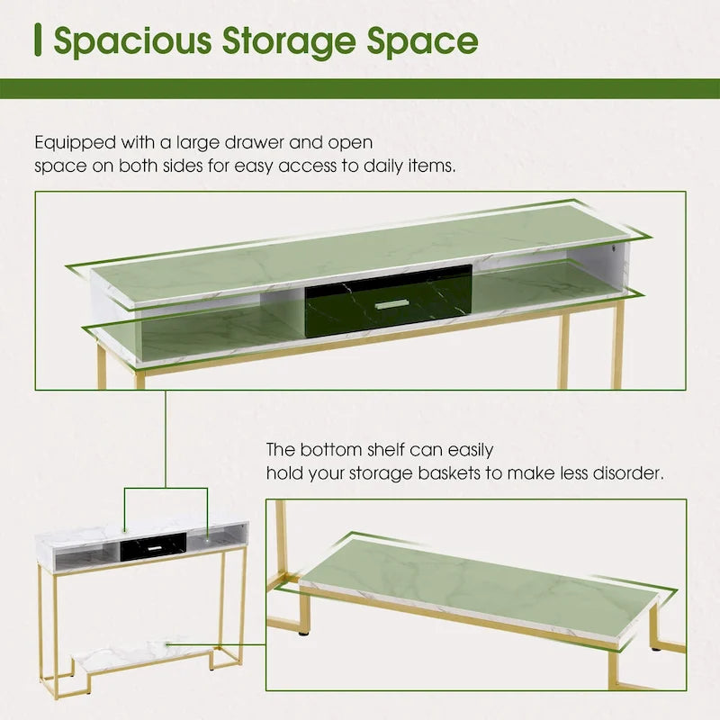 Console in oro con piano in legno – 1 cassetto e ripiano aperto, senza sedute / Stile monoposto