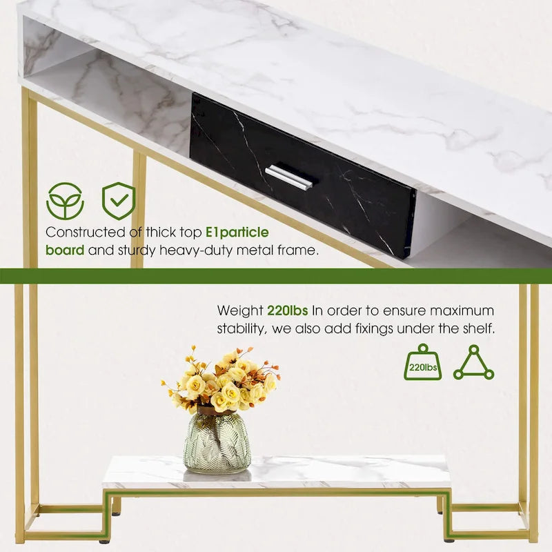 Console in oro con piano in legno – 1 cassetto e ripiano aperto, senza sedute / Stile monoposto