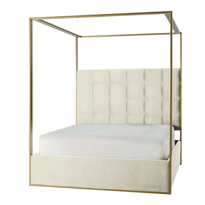 Letto a Baldacchino Imbottito Avorio con Testiera Trapuntata e Struttura in Metallo – Queen/King