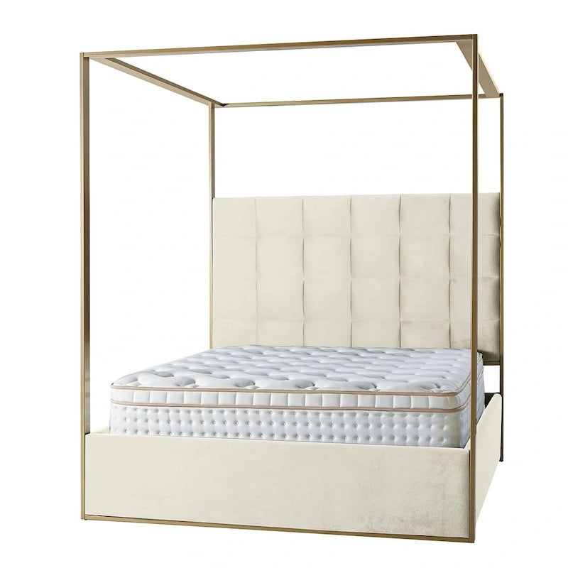 Letto a Baldacchino Imbottito Avorio con Testiera Trapuntata e Struttura in Metallo – Queen/King