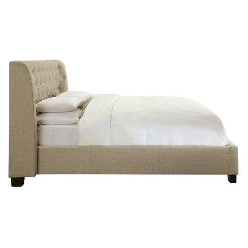 Letto matrimoniale in lino beige, testiera capitonné, pediera con contenitore, 2 posti letto