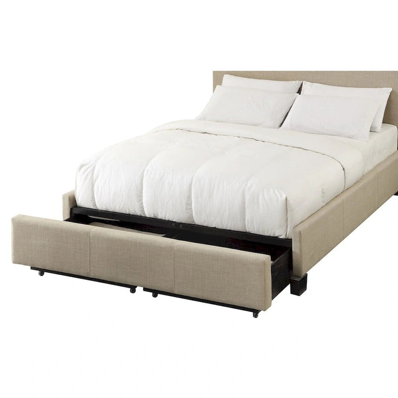 Letto matrimoniale in lino beige, testiera capitonné, pediera con contenitore, 2 posti letto