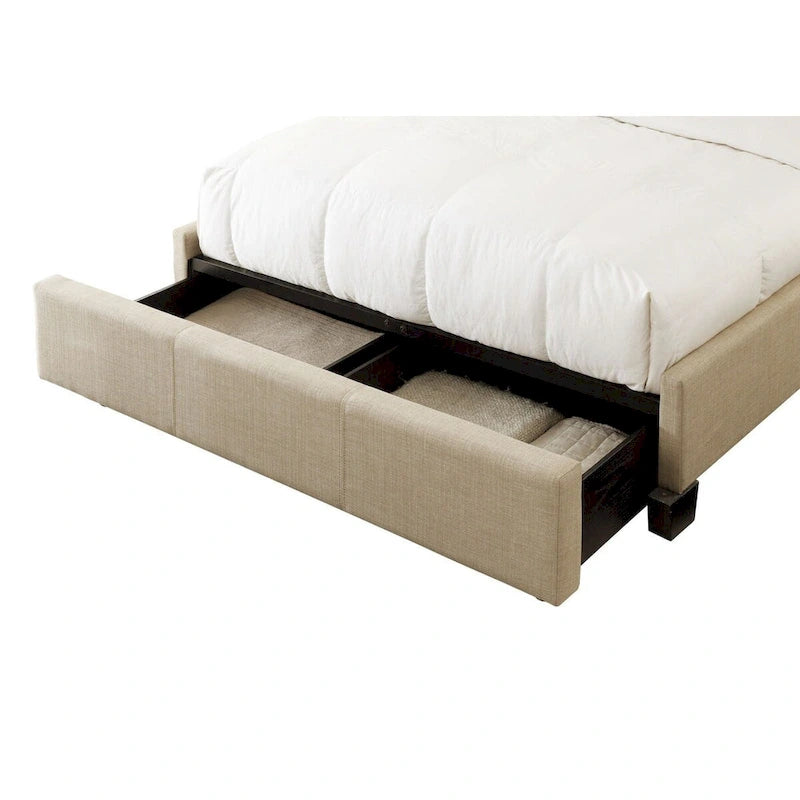 Letto matrimoniale in lino beige, testiera capitonné, pediera con contenitore, 2 posti letto