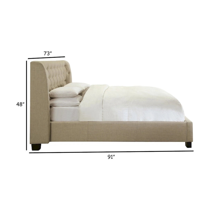 Letto matrimoniale in lino beige, testiera capitonné, pediera con contenitore, 2 posti letto