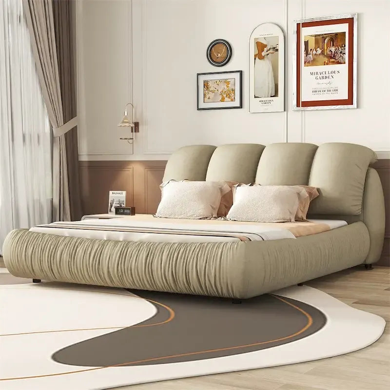 Letto king size rivestito in velluto/pelle con testiera plissettata – 2 posti