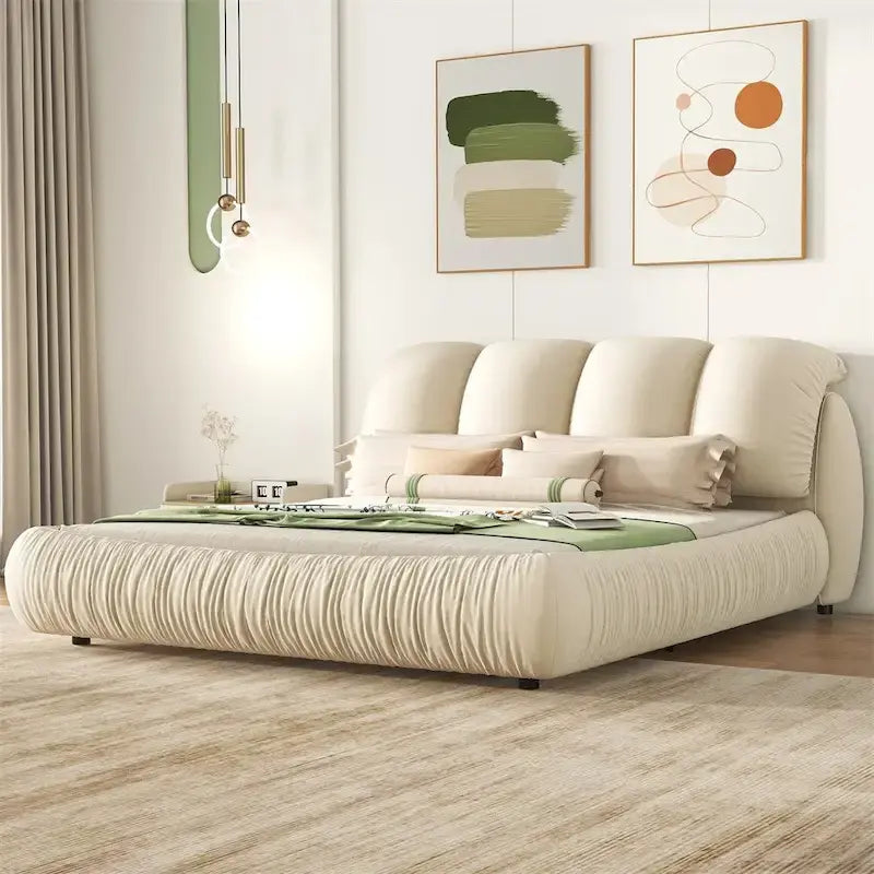 Letto king size rivestito in velluto/pelle con testiera plissettata – 2 posti