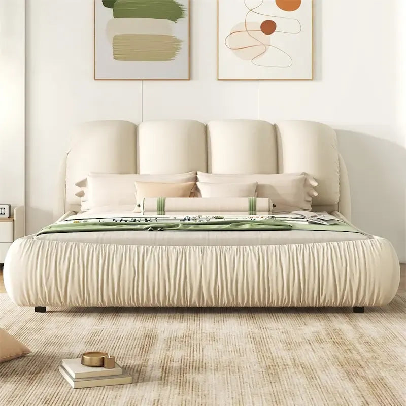 King Size Upholstered Bed w/ Thick Headboard Oversized Padded Backrest
