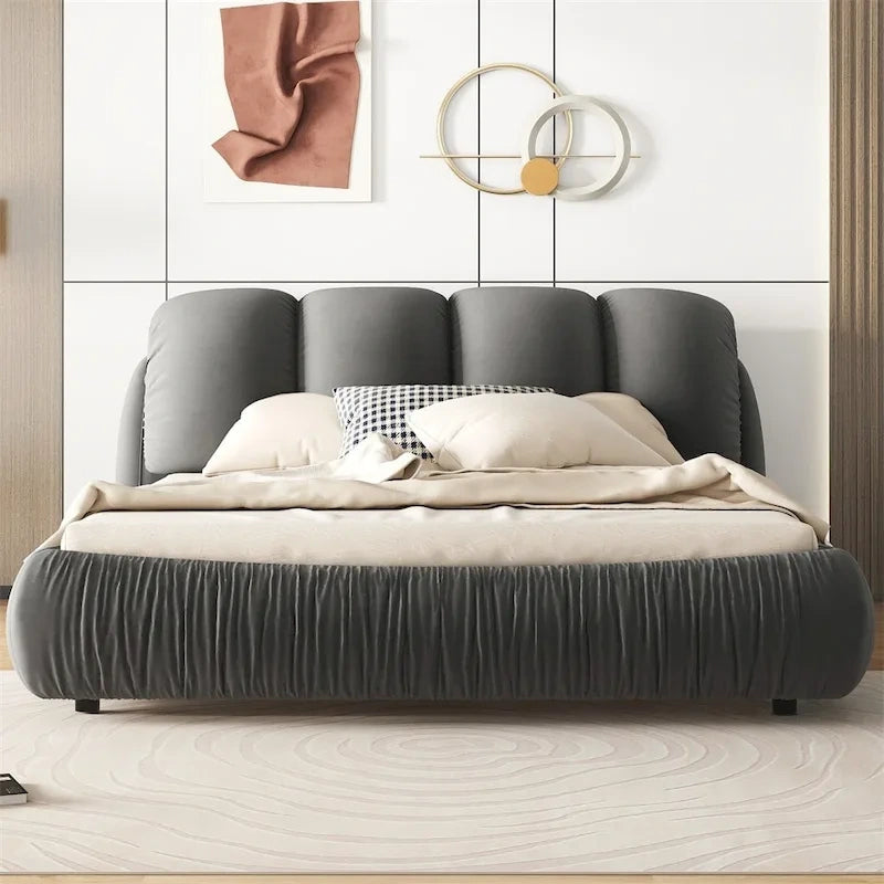 Letto king size rivestito in velluto/pelle con testiera plissettata – 2 posti