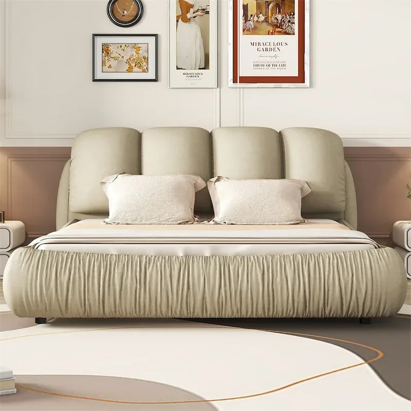 Letto king size rivestito in velluto/pelle con testiera plissettata – 2 posti