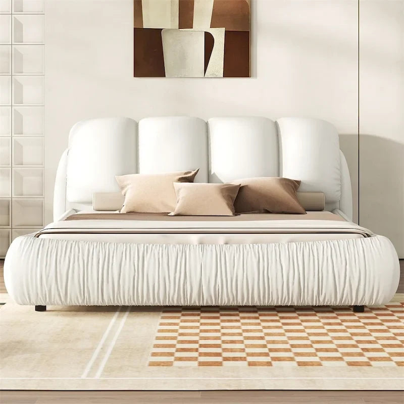 Letto king size rivestito in velluto/pelle con testiera plissettata – 2 posti