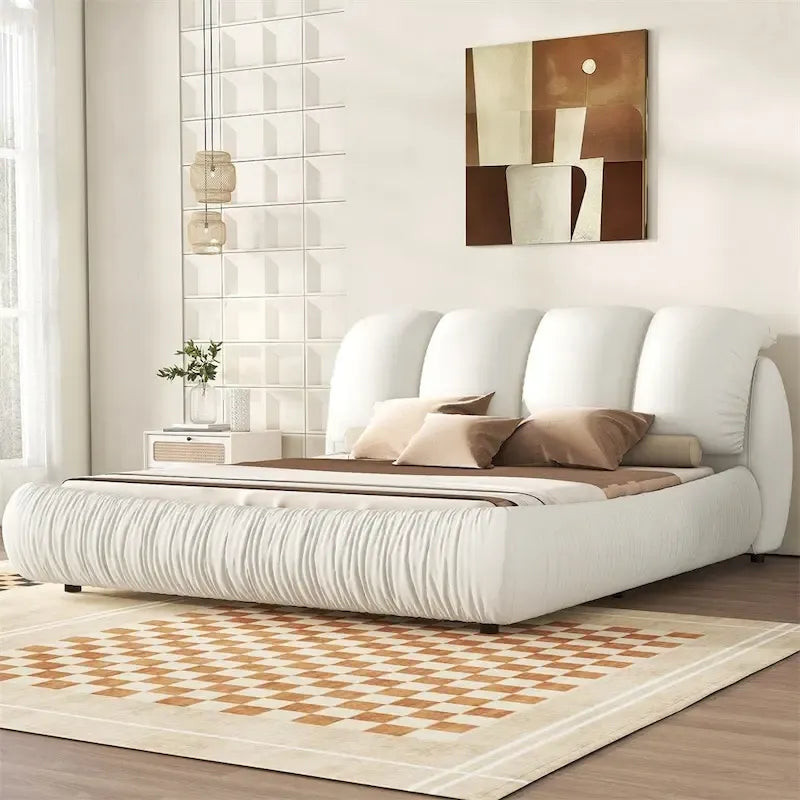 Letto king size rivestito in velluto/pelle con testiera plissettata – 2 posti