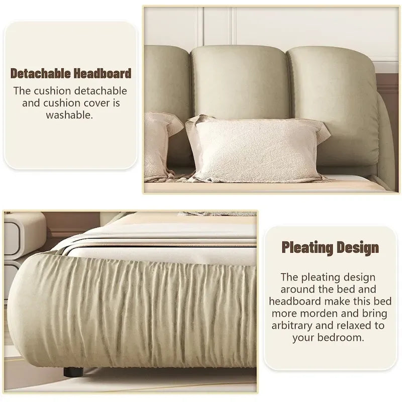 Letto king size rivestito in velluto/pelle con testiera plissettata – 2 posti