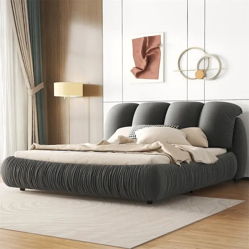 Letto king size rivestito in velluto/pelle con testiera plissettata – 2 posti