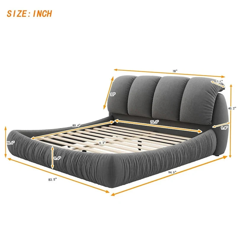 Letto king size rivestito in velluto/pelle con testiera plissettata – 2 posti